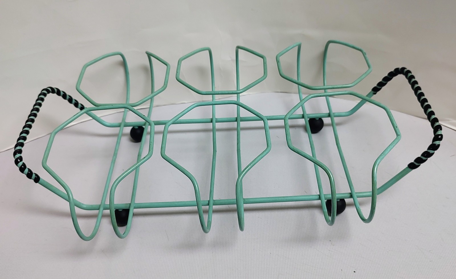 Vtg RARE MCM 60s Atomic Beverage 6 Glass Holder Caddy Aqua Black Wire Ball Feet