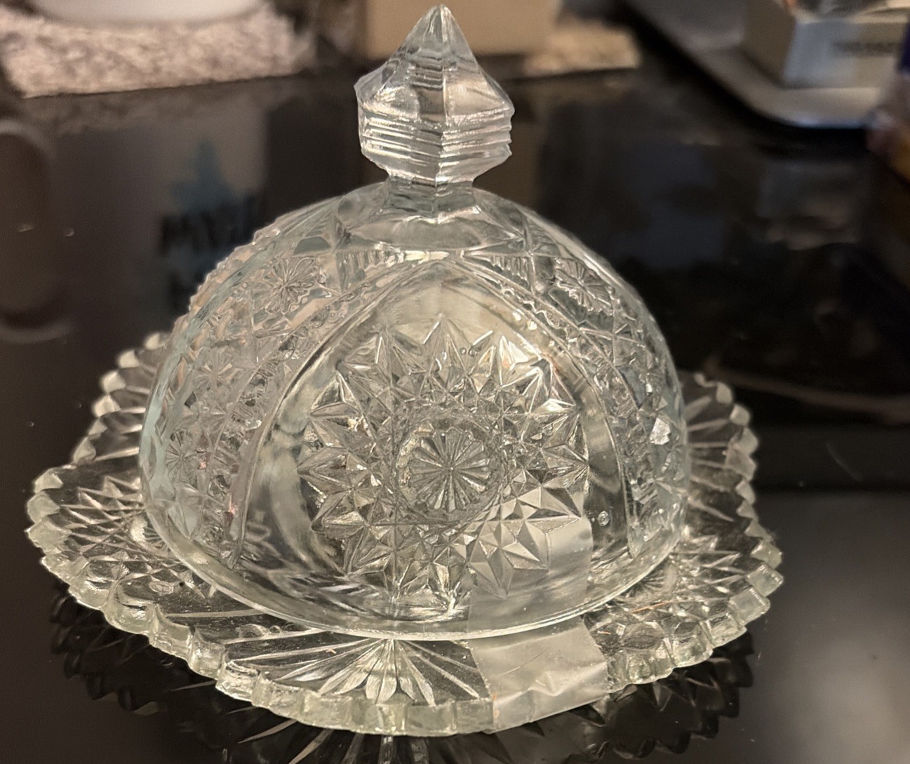 Antique American Brilliant Period Cut Glass Covered Butter Dish With Hobstars