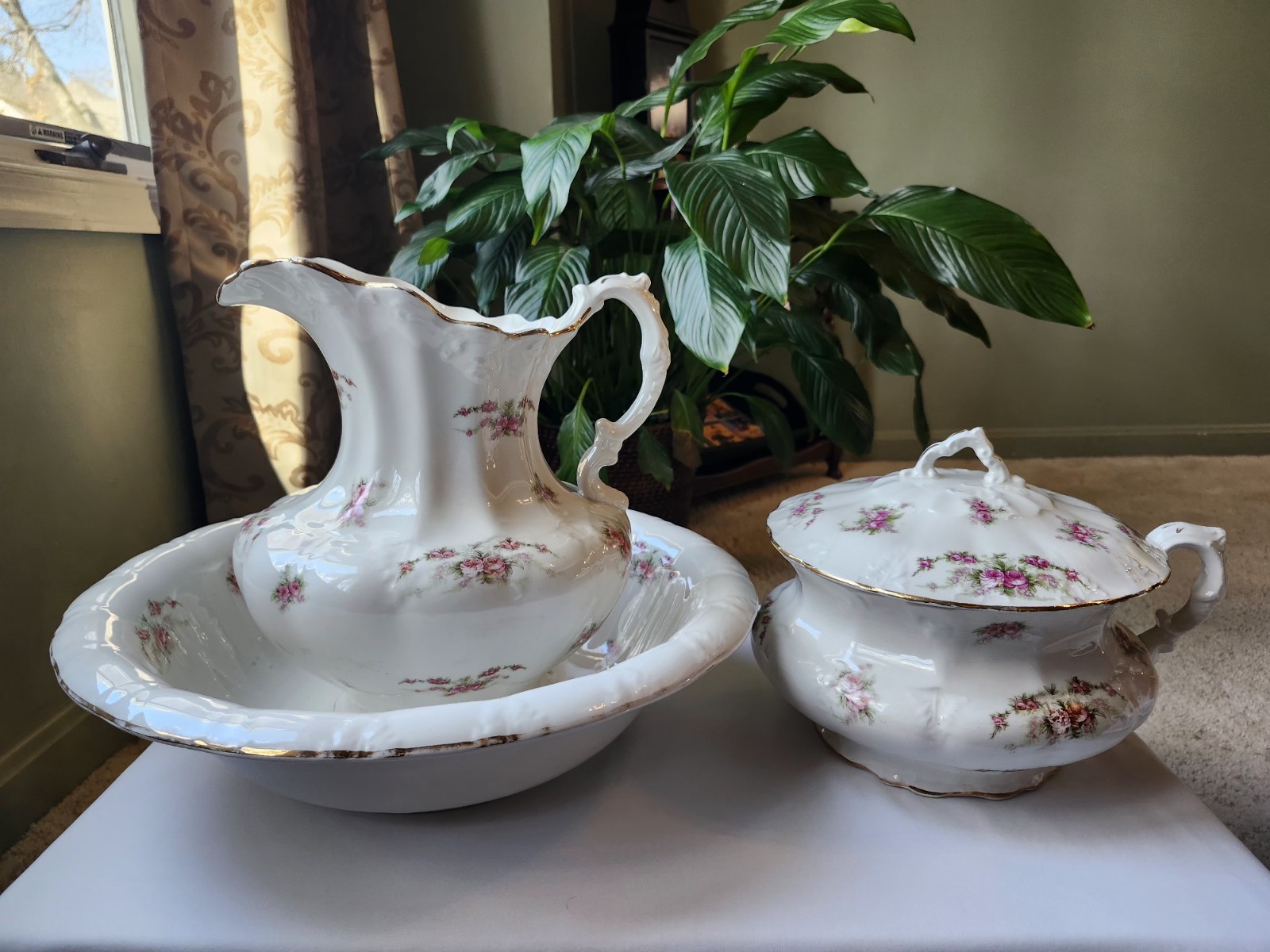 3 Old SEVRES Large Basin/Pitcher/Cover Dish Pink Rose Porcelain Set