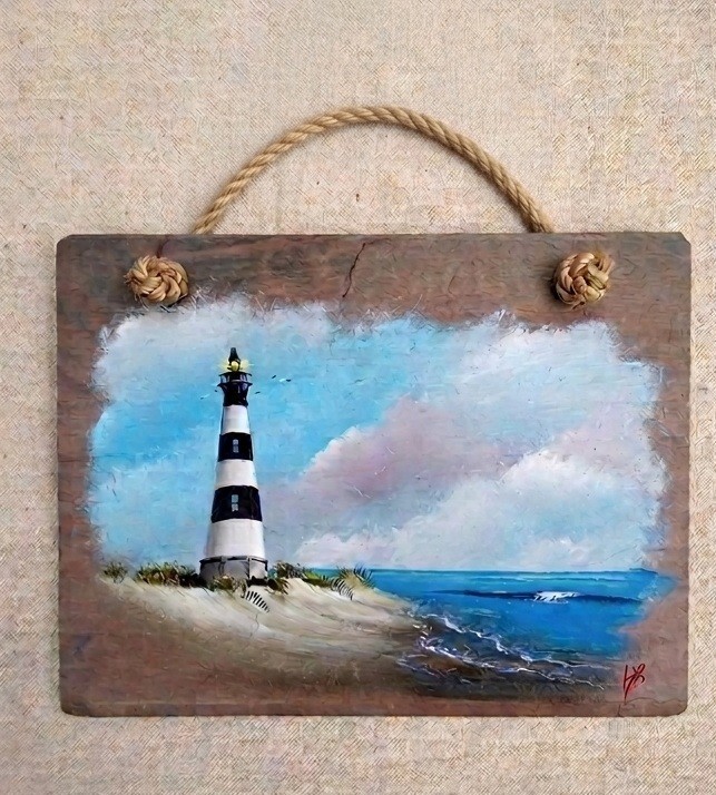 Bodie Island Lighthouse hand painted on slate-Rock-Original Nautical wall art