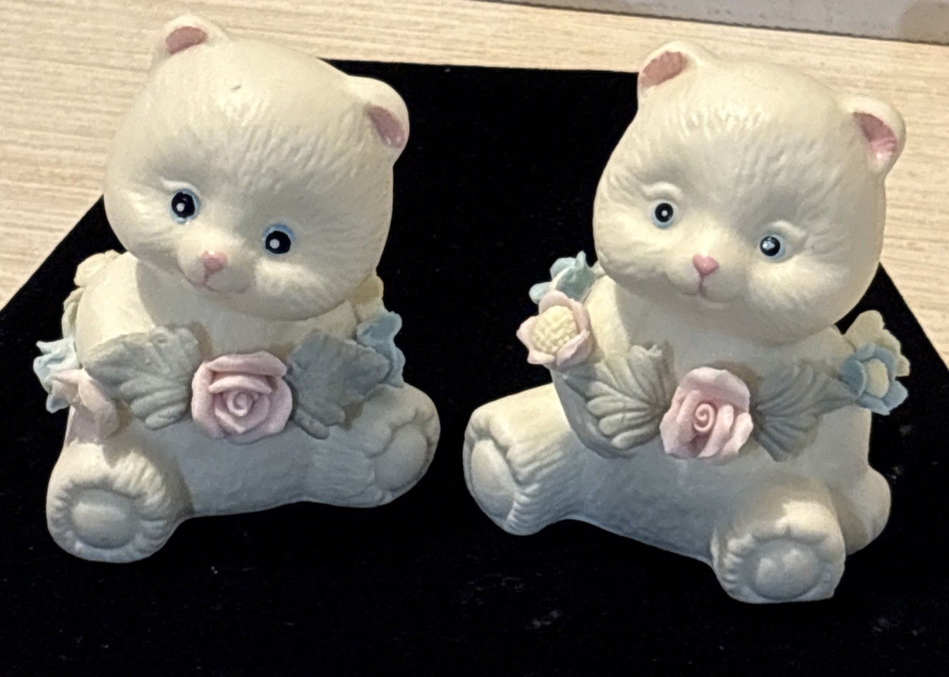 Pair of Ceramic Teddy Bear Figurines with Pastel Floral Accents – New in Box