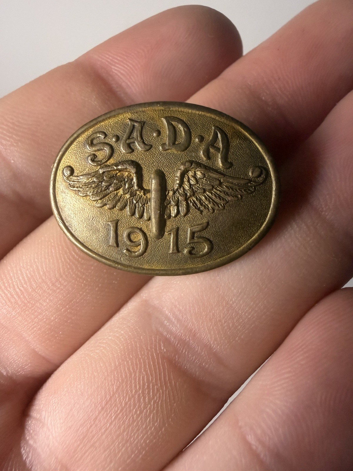 Vtg 1915 S.A.D.A. Winged Brass Pin WWI Era Propeller Emblem