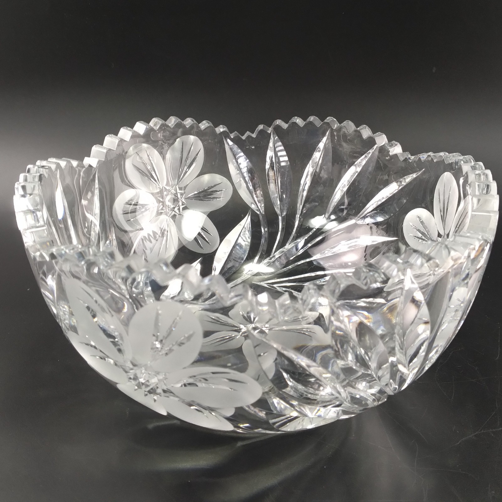 ABP Floral Cut Glass 8x4 Bowl 6 Petal Wheel Cut Flowers Leaves Feather Cut Edge