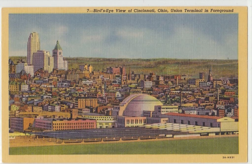 Cincinnati OH Bird’s-Eye View Union Terminal Foreground Linen Postcard 3A-H931