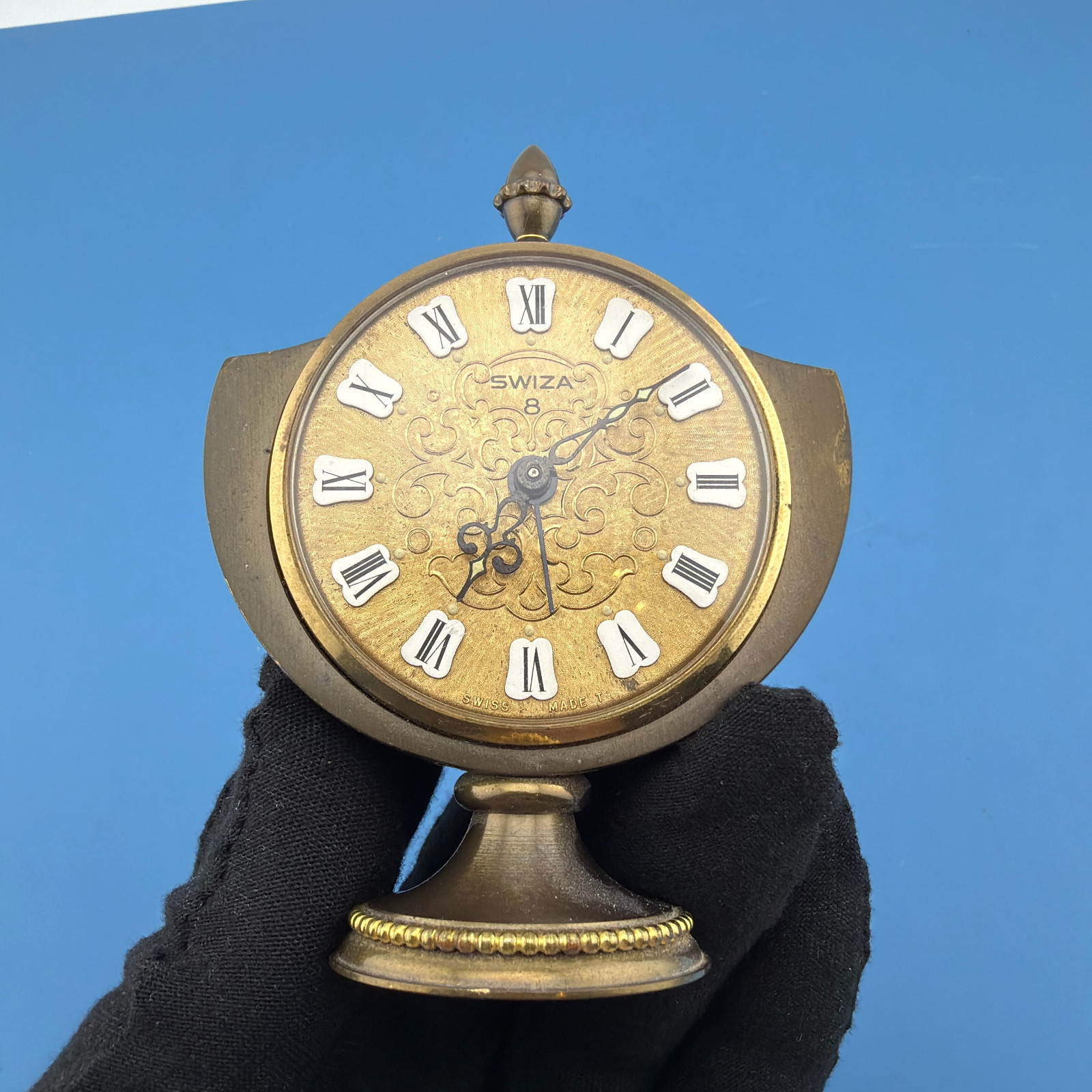 Vintage Swiza 8 Swiss Made Brass Ball Alarm Clock MCM Pedestal Base