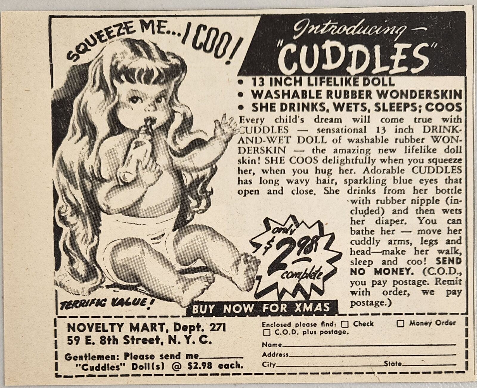 1949 Print Ad Cuddles Creepy 13 Inch Lifelike Dolls Novelty Mart New York,NY