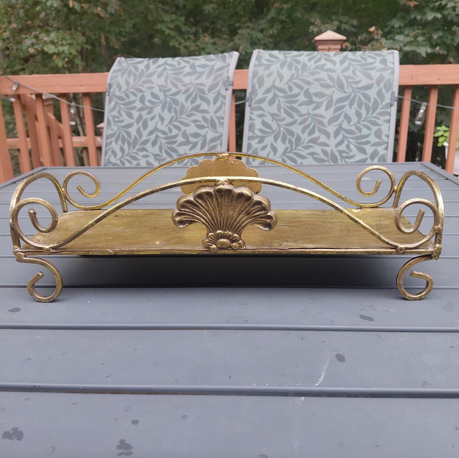 VTG Hollywood Regency Gilt Metal Rectangular Vanity Tray with Scallops Seashells
