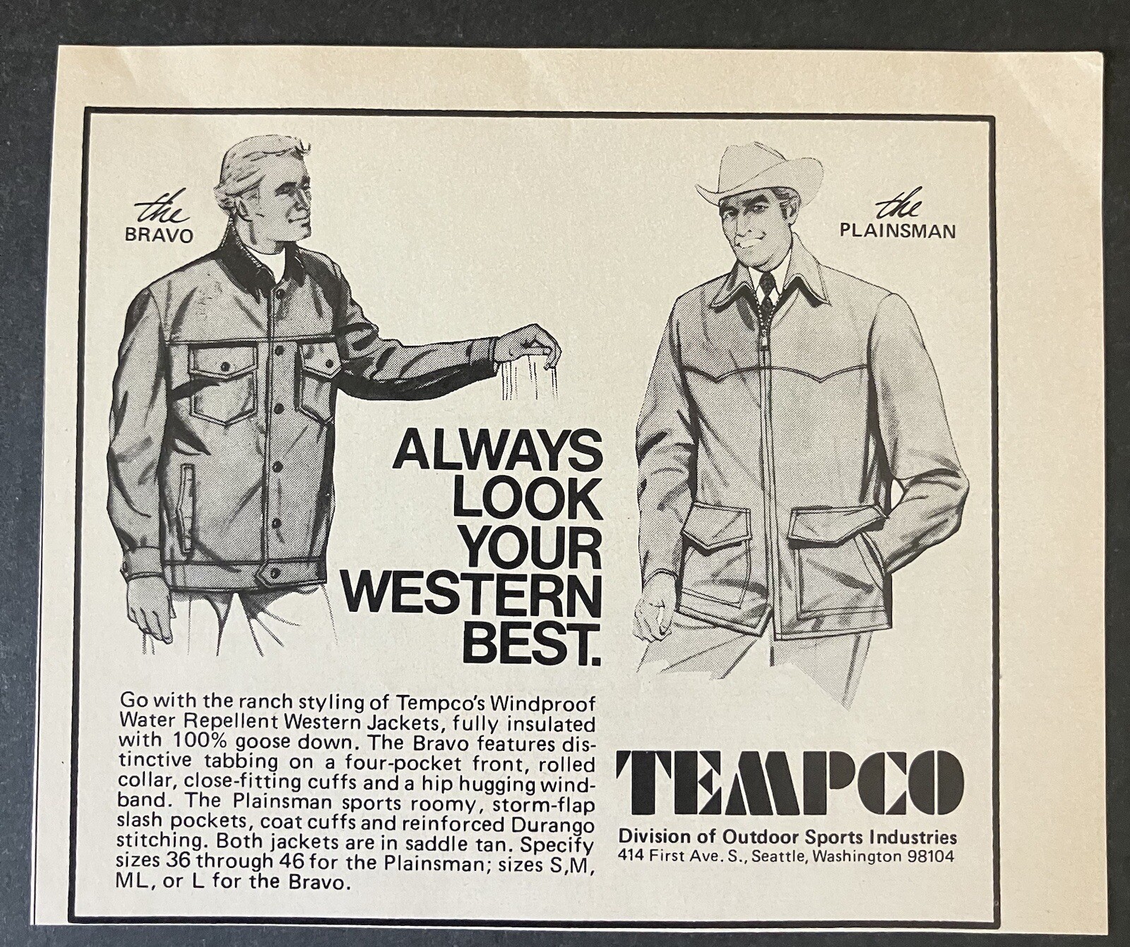1973 Tempco Windproof Jackets Always Look Your Western Best Vintage Print Ad