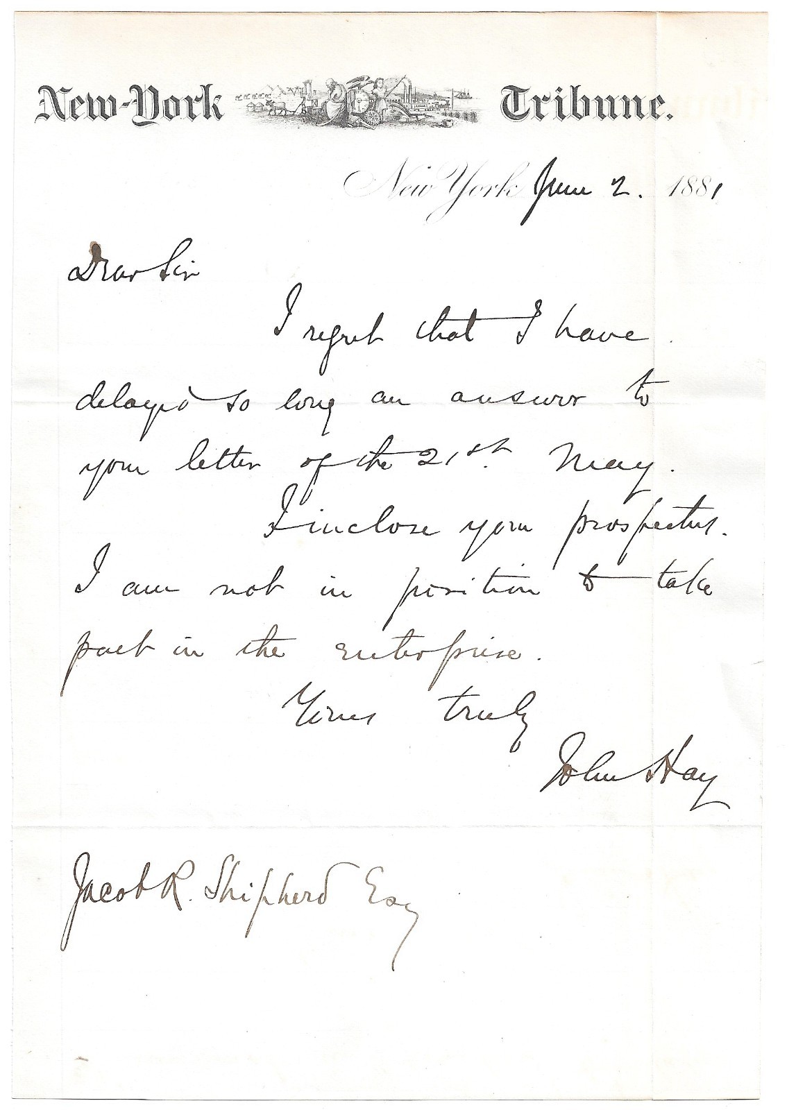 John Hay, Autograph Letter Signed, Lincoln's Private Sec., Tribune Letterhead