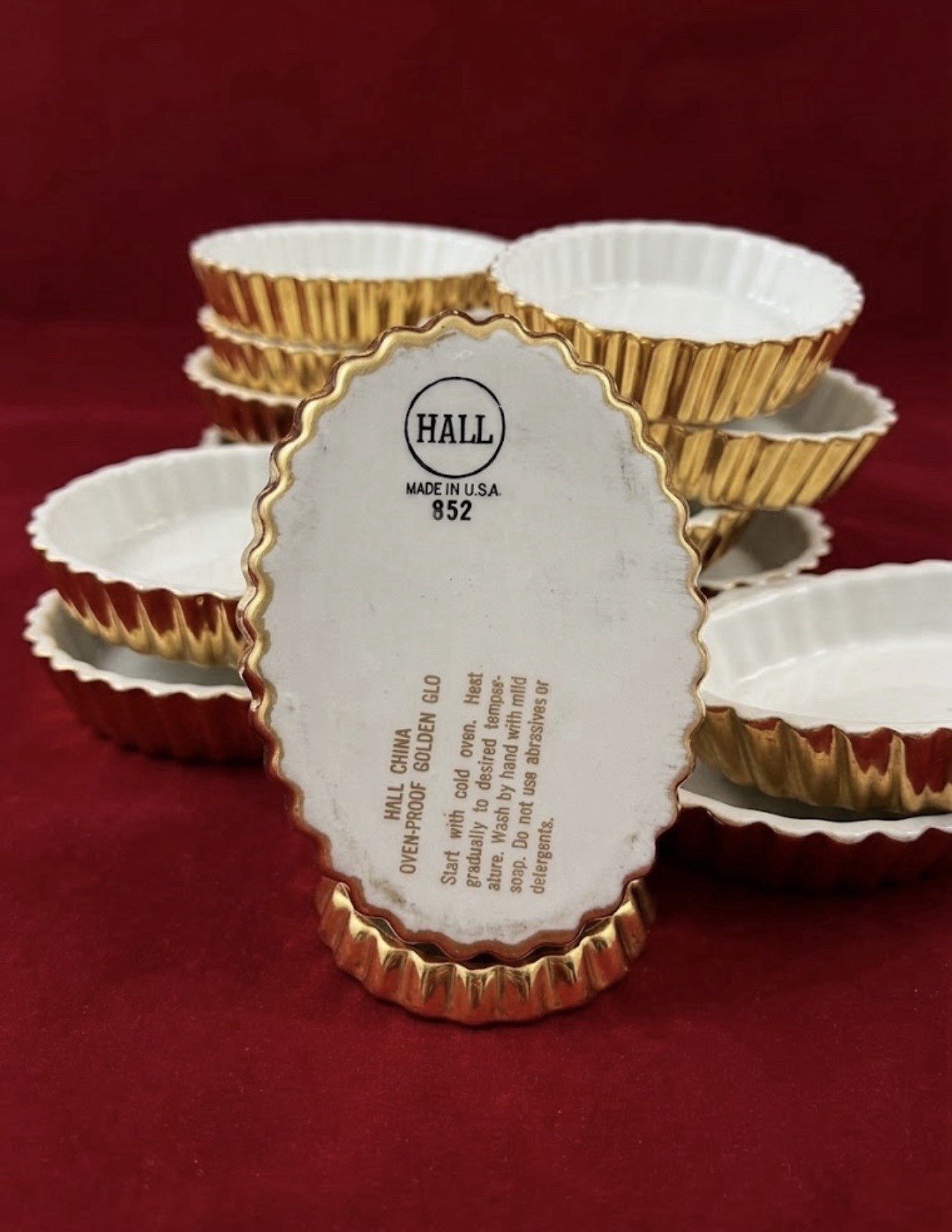 Vintage Hall China Golden Glo 852 Oval Fluted Ramekins Tart Dishes 2 Set of 5