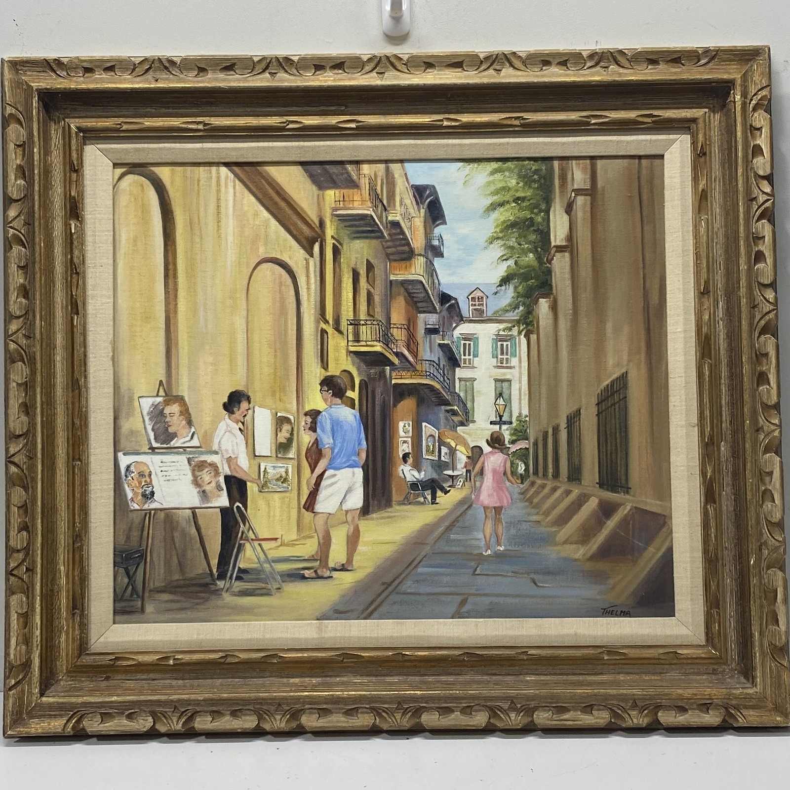 Thelma Oil Painting New Orleans French Quarter Street Scene Framed 33x29 Signed