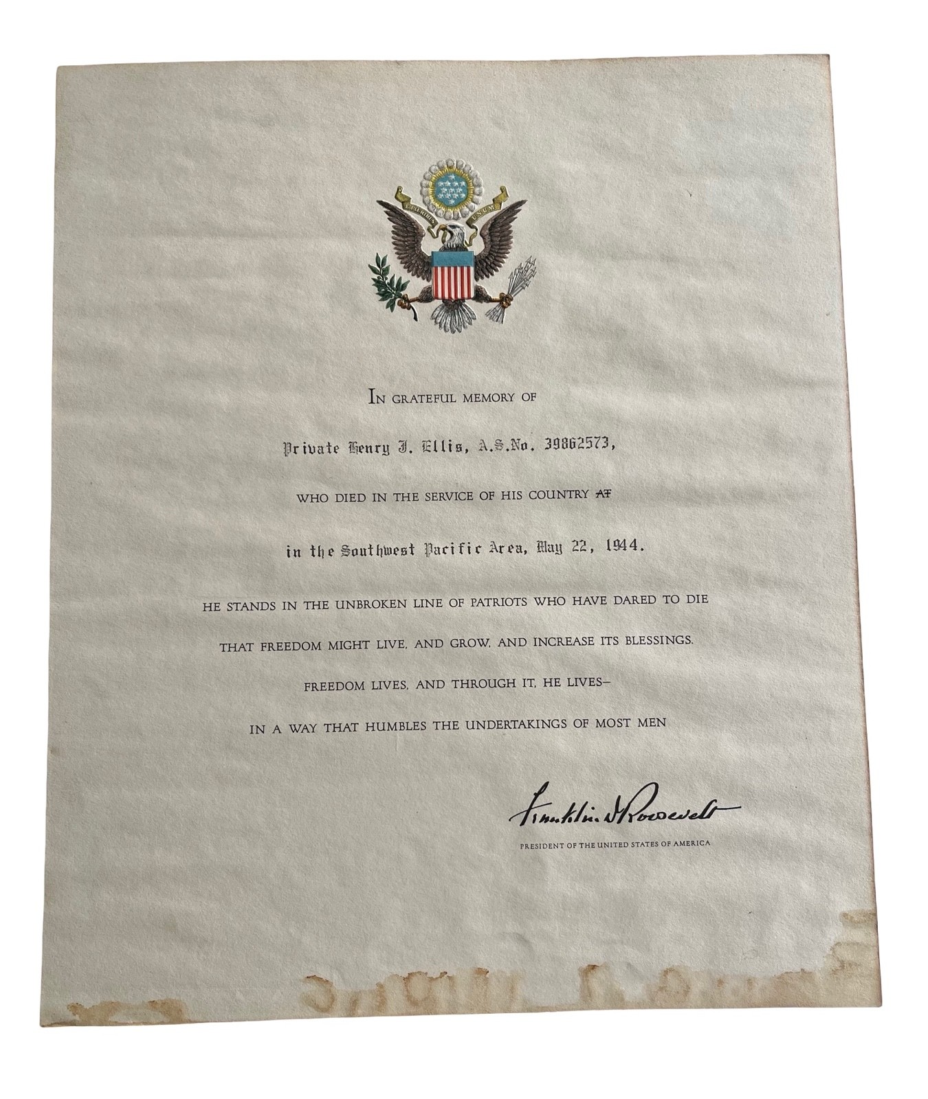 WW2 Fallen Soldier Historical Letter Signed By FDR Franklin Delano Roosevelt