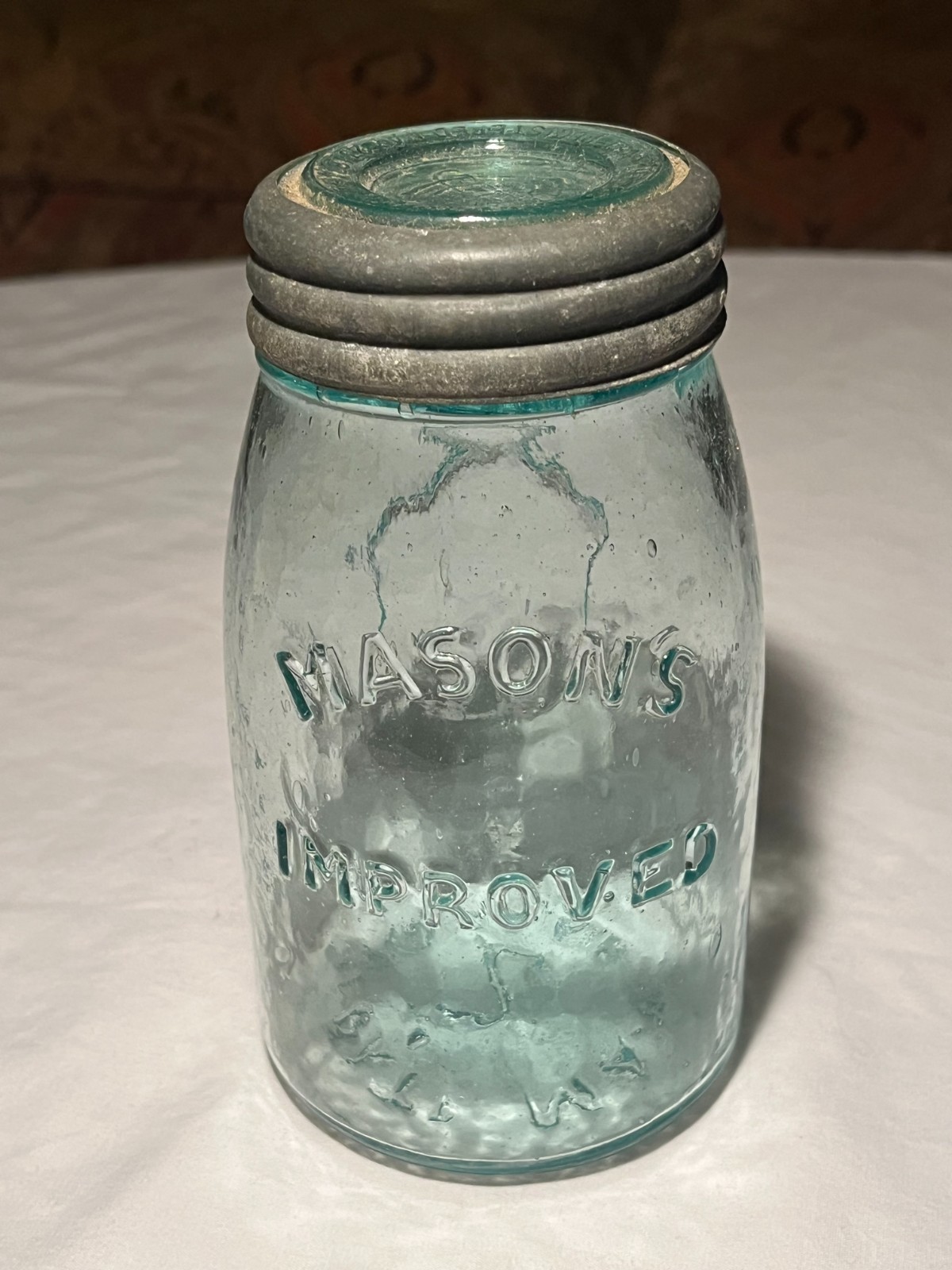 c1880s Mason\'s Improved Hour Glass on reverse, Aqua Midget Pint Fruit Jar