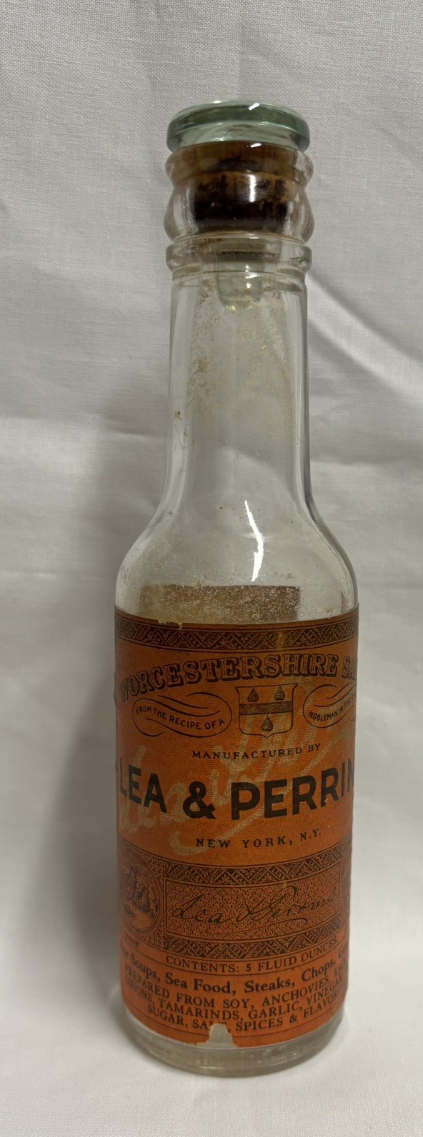 Antique Lea & Perrins Worcestershire Sauce Bottle 5 Fl.oz Glass Stopper & Labels