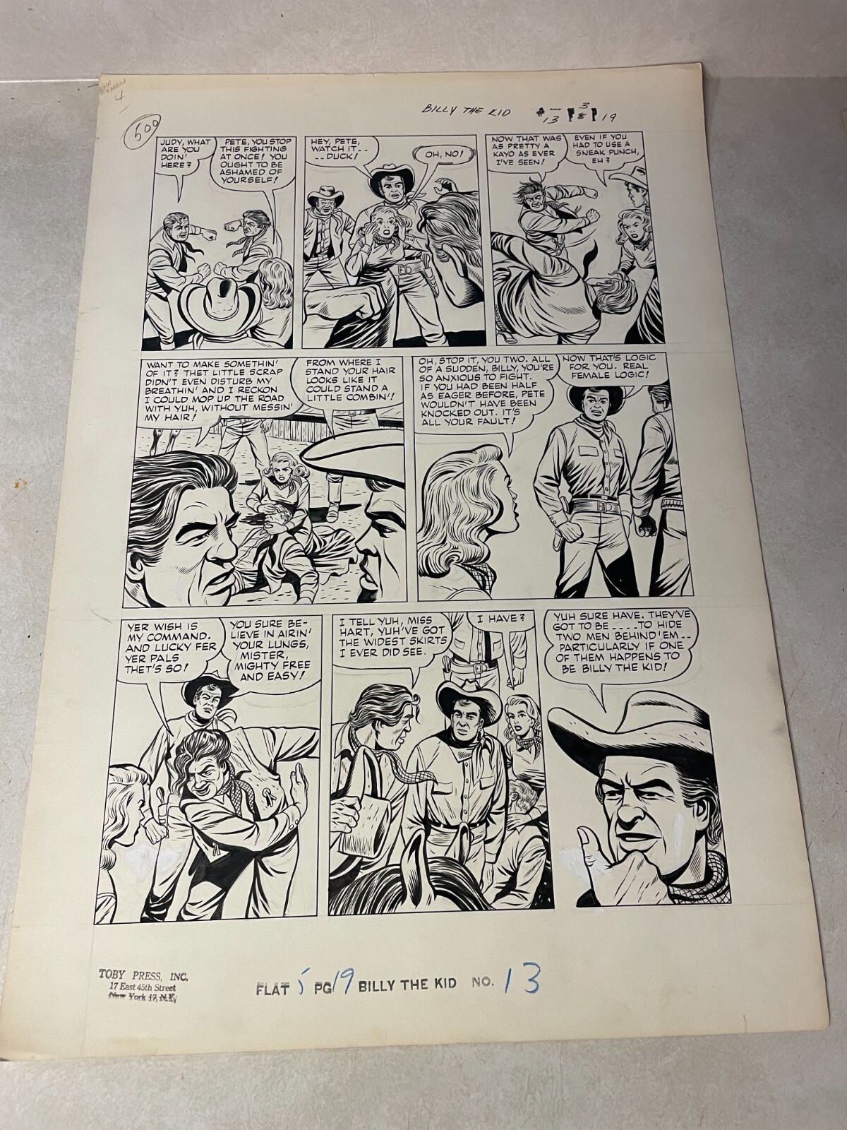 BILLY THE KID #13 comic art WESTERN 1952 sucker punch FEMALE LOGIC fight