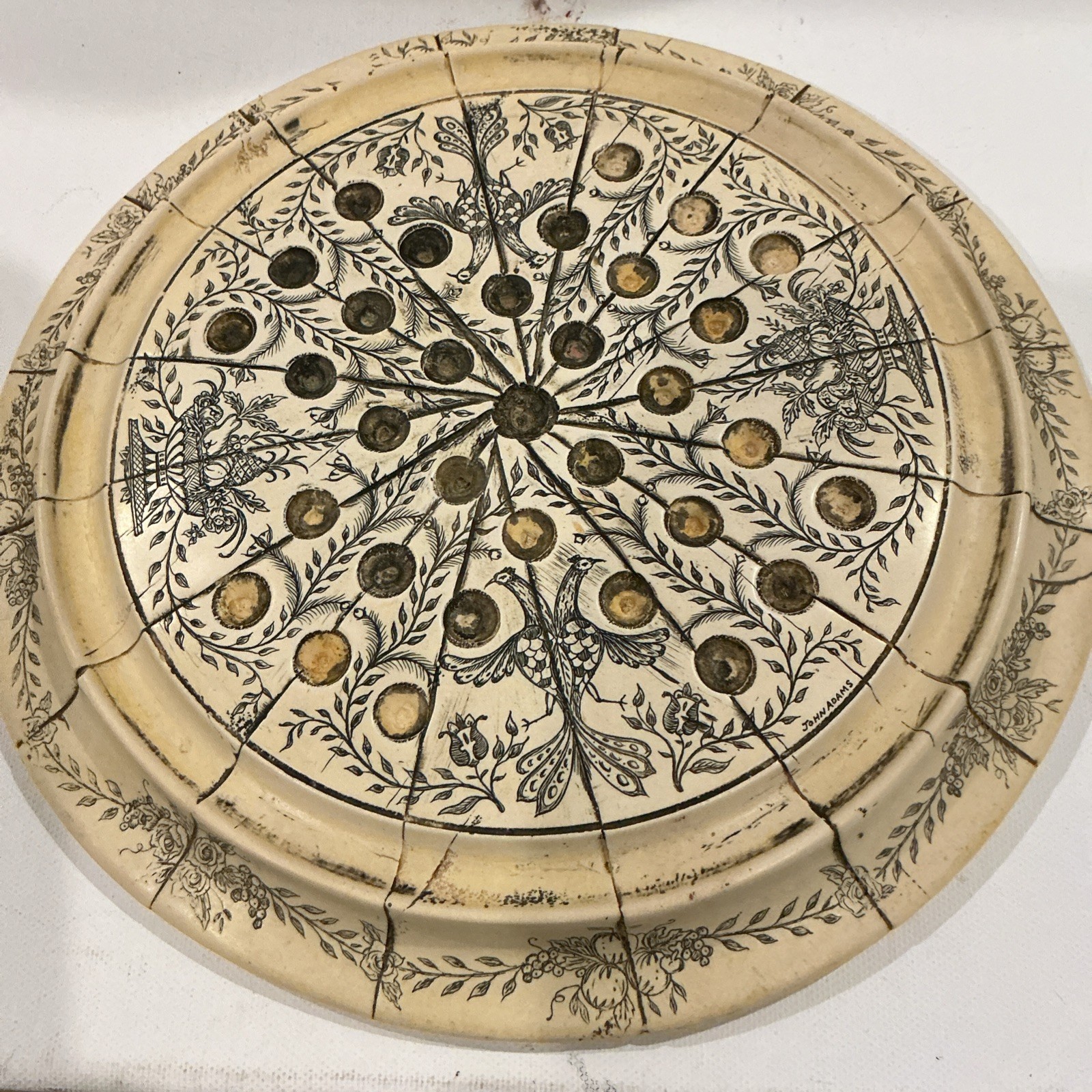 VTG FAUX IVORY SCRIMSHAW MARBLE DISPLAY SOLITAIRE GAME BOARD JOHN ADAMS PHEASANT