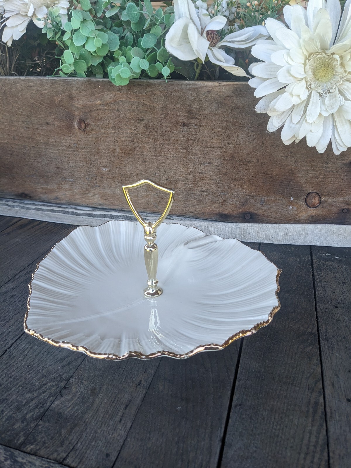 Vintage USA Ribbed Leaf w/ Gold Trim Relish Tray