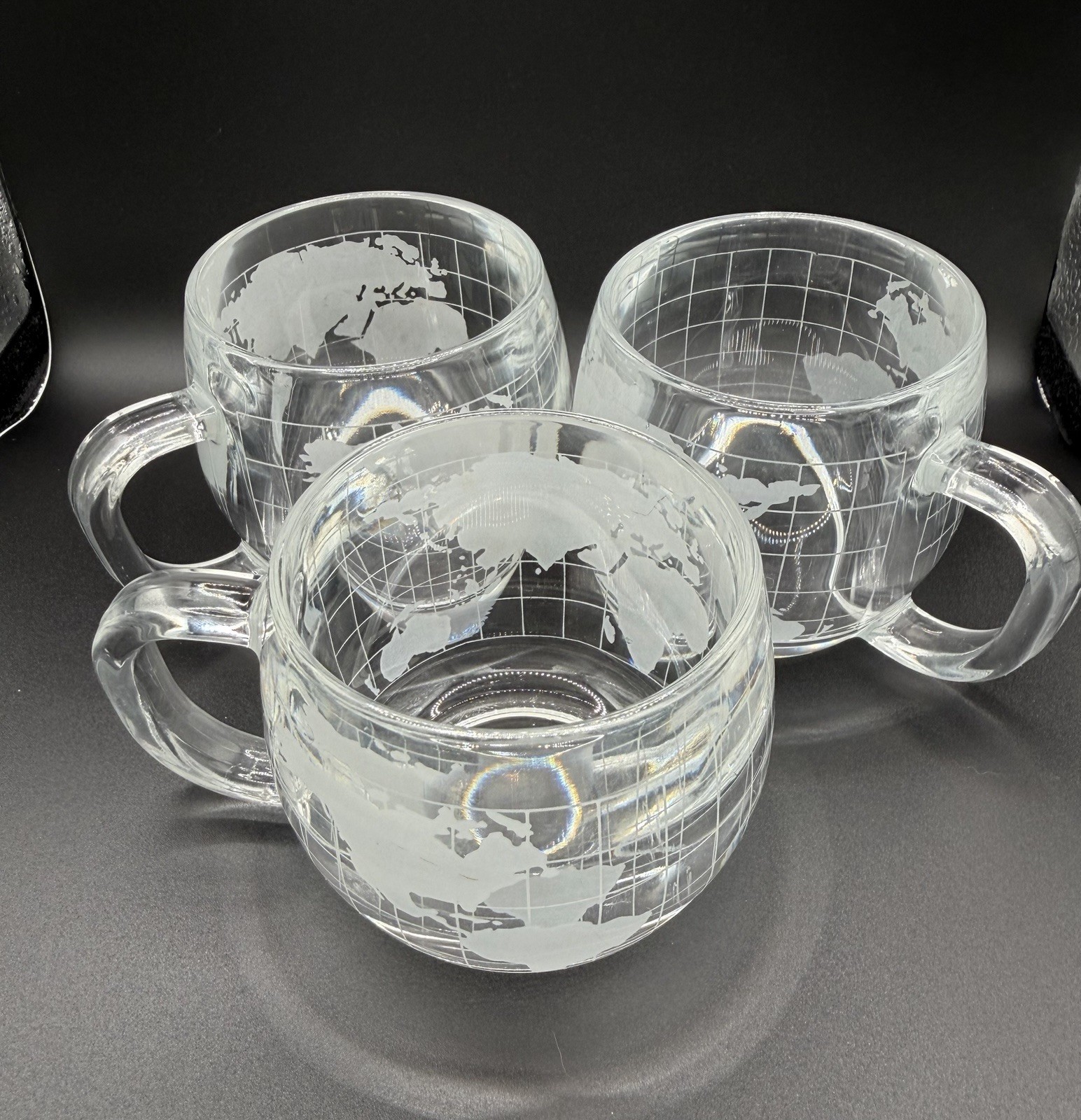 Vintage Etched World Globe Map Glass Coffee Mugs 1, 2, or 3 Clear Frosted Cups