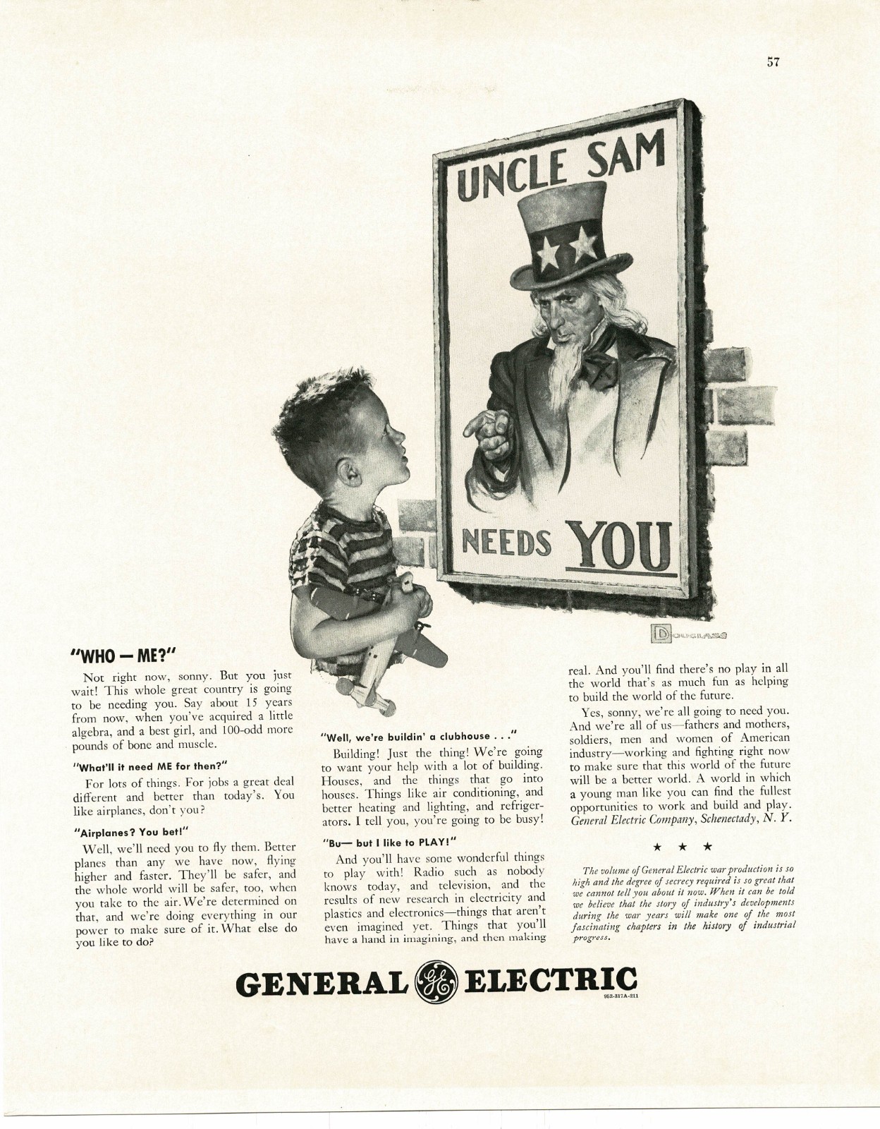 1942 General Electric Uncle Sam Needs You Little Boy art WWII Vintage Print Ad