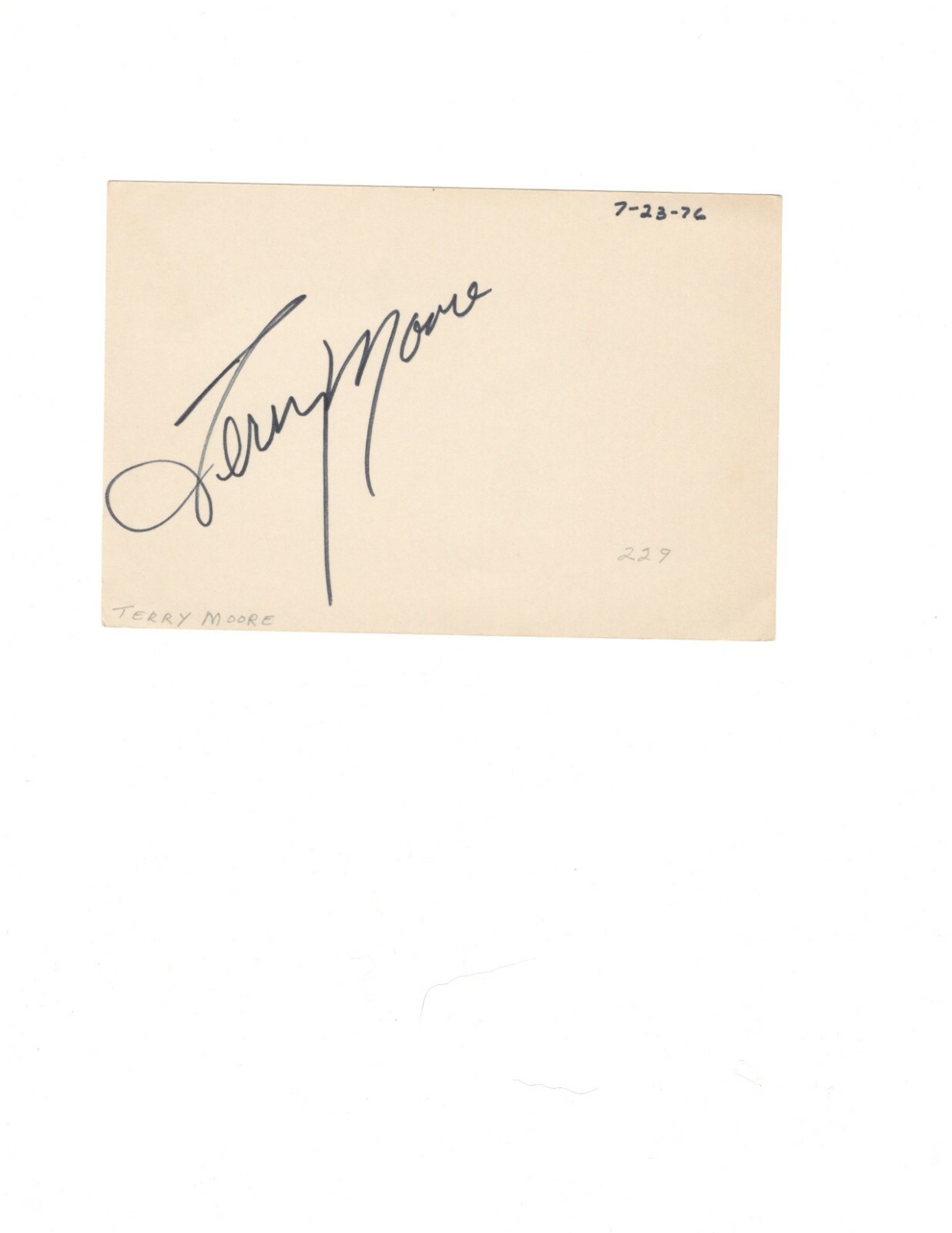 ACTRESS TERRY  MOORE AUTOGRAPH ON CARD STOCK