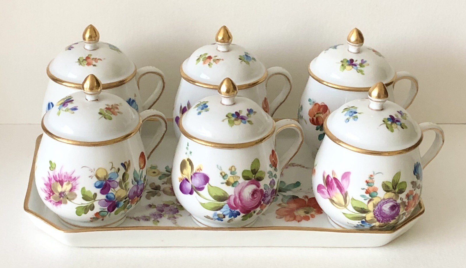 Antique German Porcelain Schumann Dresden Flowers Empress Pot De Creme Set Tray