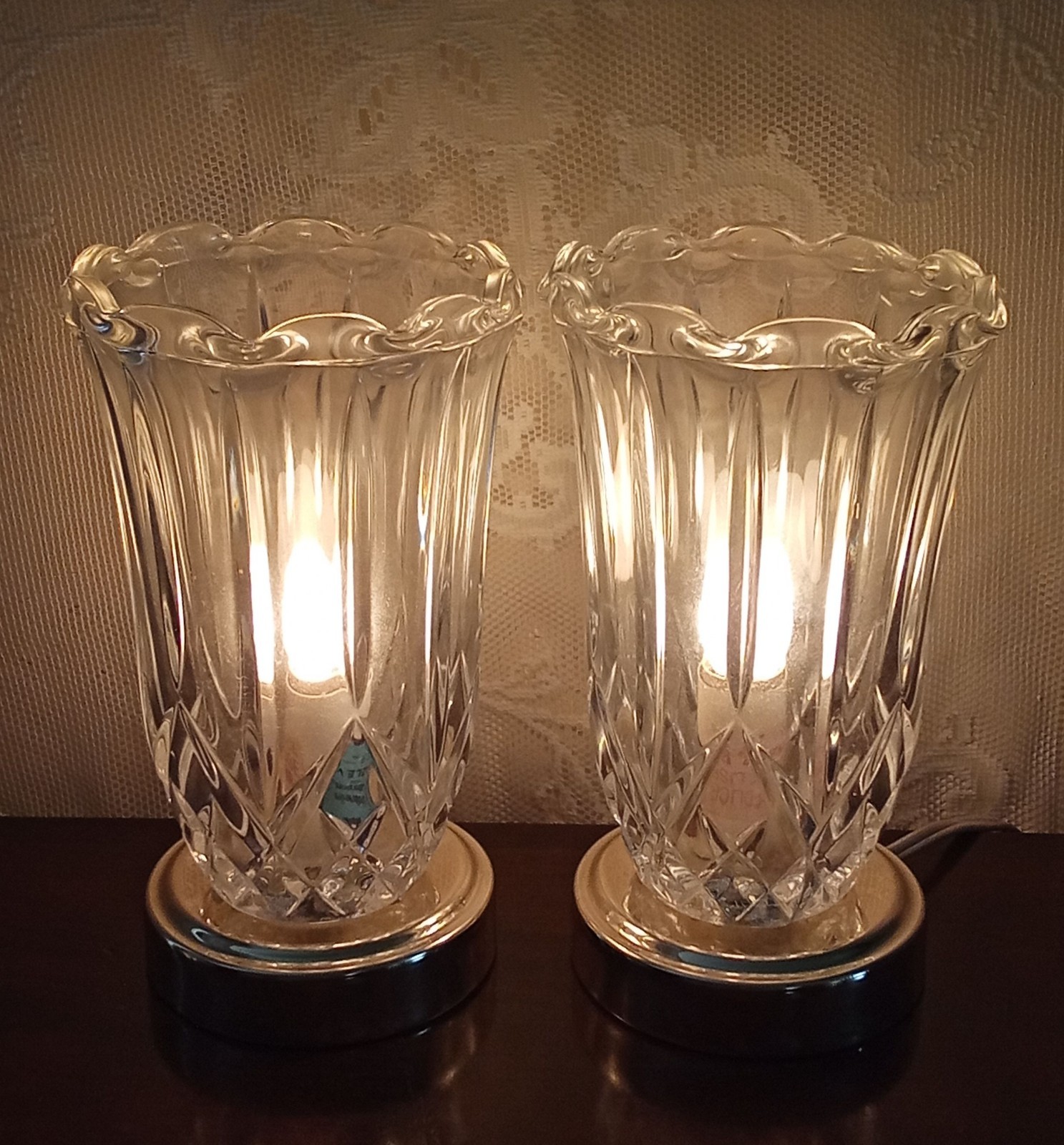 Vintage Crystal Glass Table Lamps Pair Gold HEYCO Brand Hollywood Regency MCM