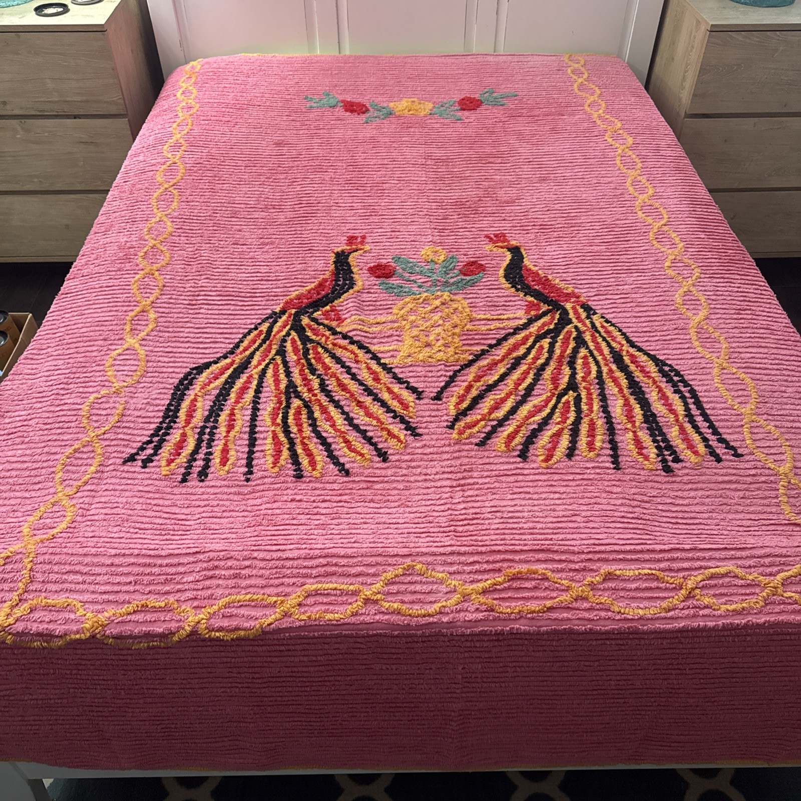 Vintage Pink Chenille Double Peacocks  Full/Queen Bedspread Coverlet 