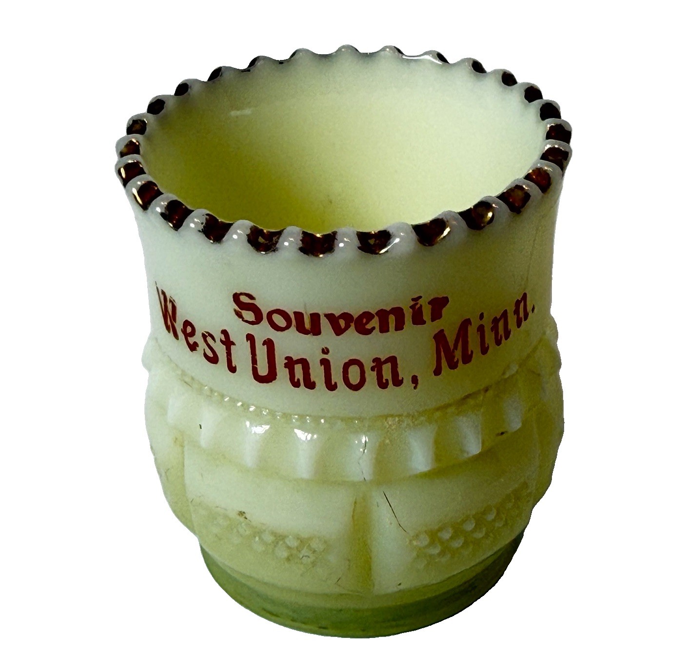 WEST UNION , MINNESOTA MN Uranium Antique Custard Glass Souvenir Cup Trinket