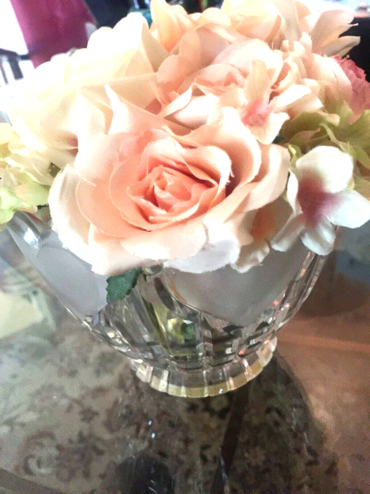 Rose Bowl  Satin Hearts are Etched in this Crystal w/Flowers  -Germany