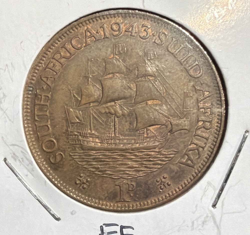 1943 South Africa 1 Penny EXTREMELY FINE Bronze Coin -30MM- George VI-KM#25