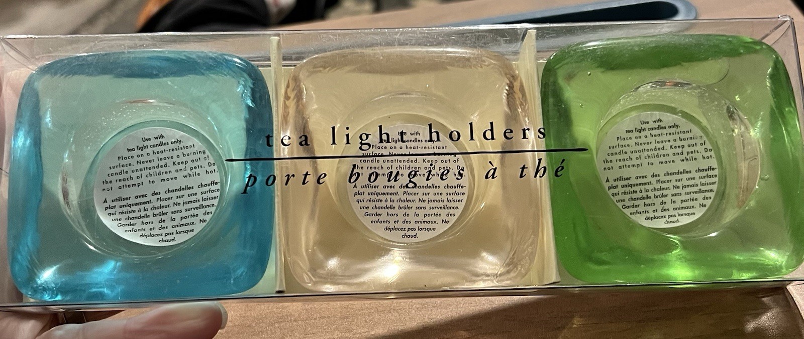 VTG Set of 3 Pier 1 Imports Glass Tea Light Holders Blue Pink Green NIB