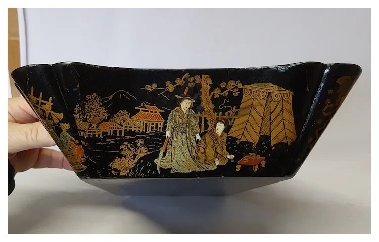 Antique 19th Victorian Chinoiserie Paper Mache Tote Box