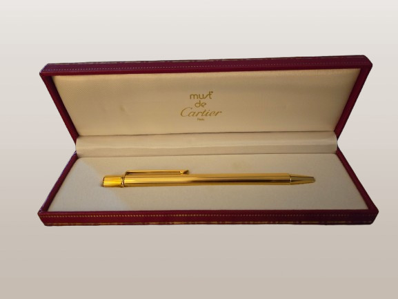 Vintage Must de Cartier Gold-Plated Ballpoint Pen w/ Original Box France