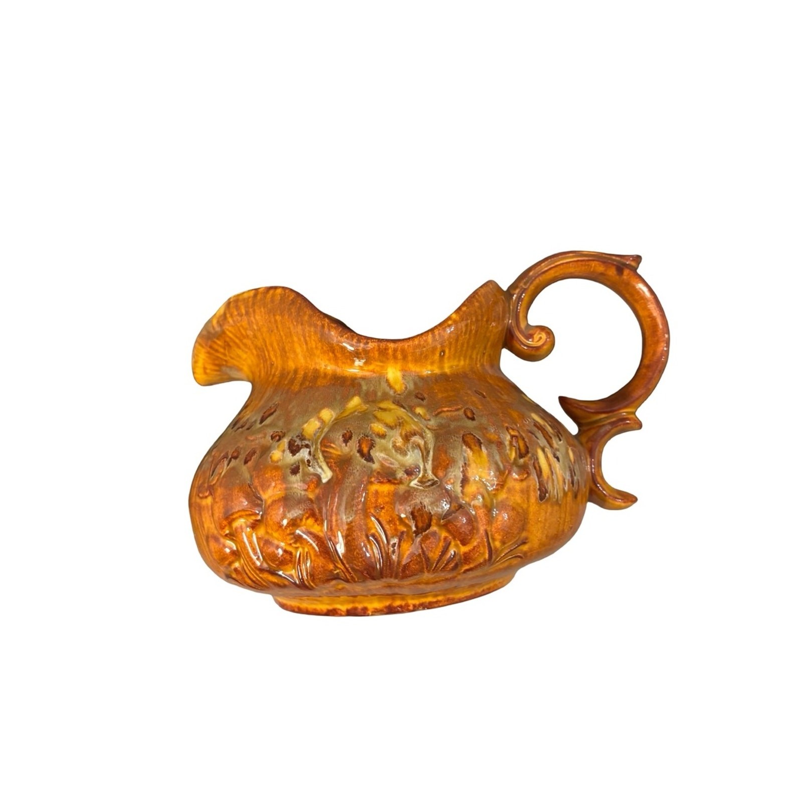 Antique-Style MCM Rockingham Glazed Ceramic Pitcher in Burnt Orange