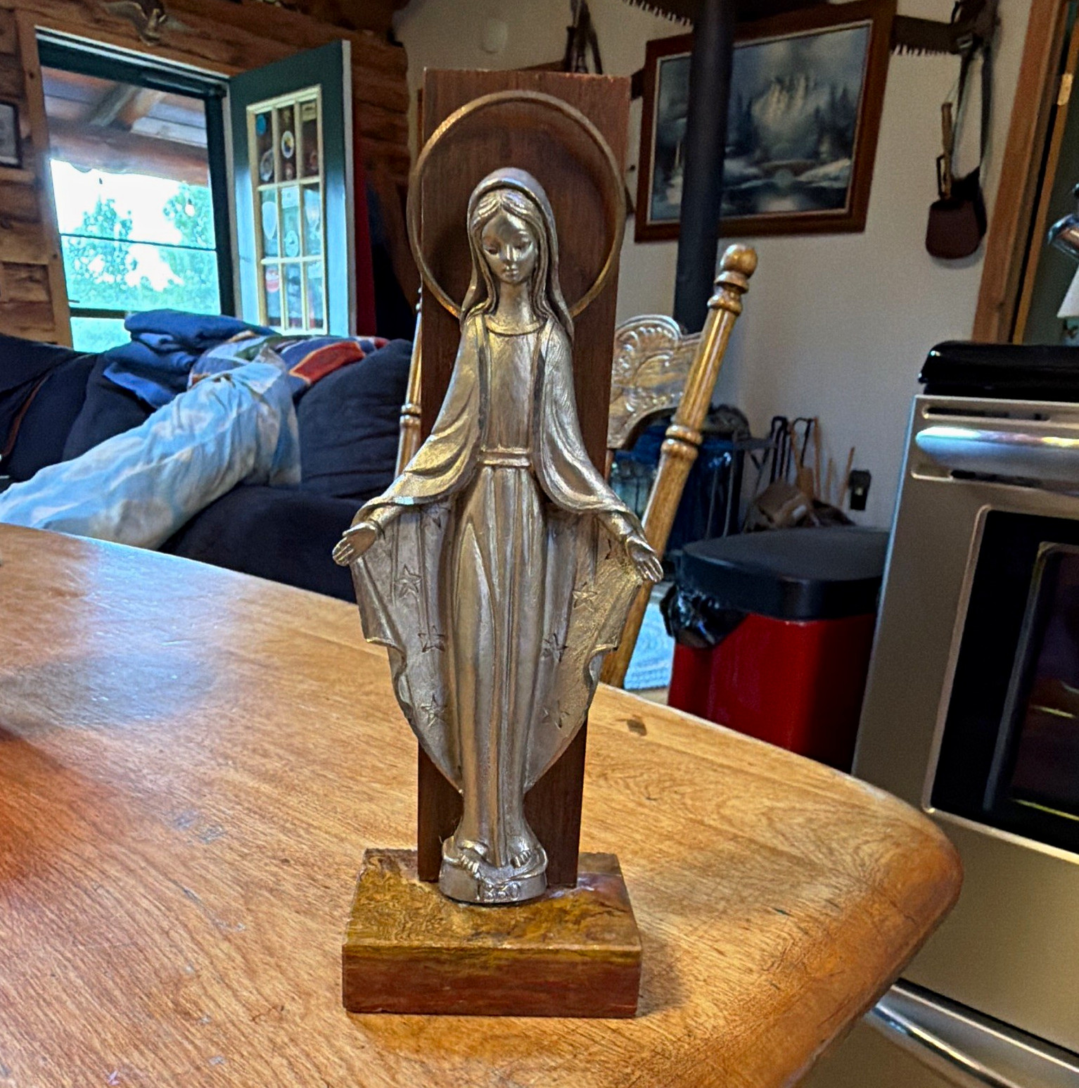 Vintage Virgin Mary Madonna Pewter Peltro Figure on Wood Base Backer Italy