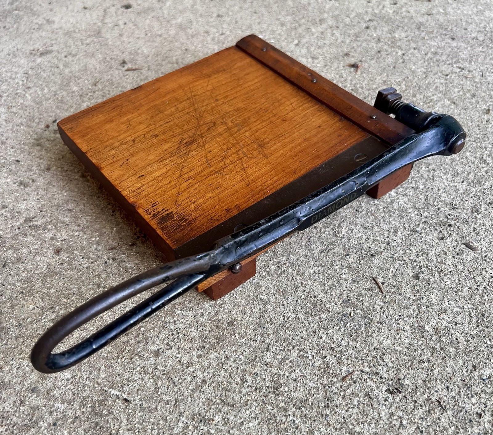 Vintage Milton Bradley Diamond Wood Cast Iron Paper Cutter 6” Pat. 1895 X PATINA