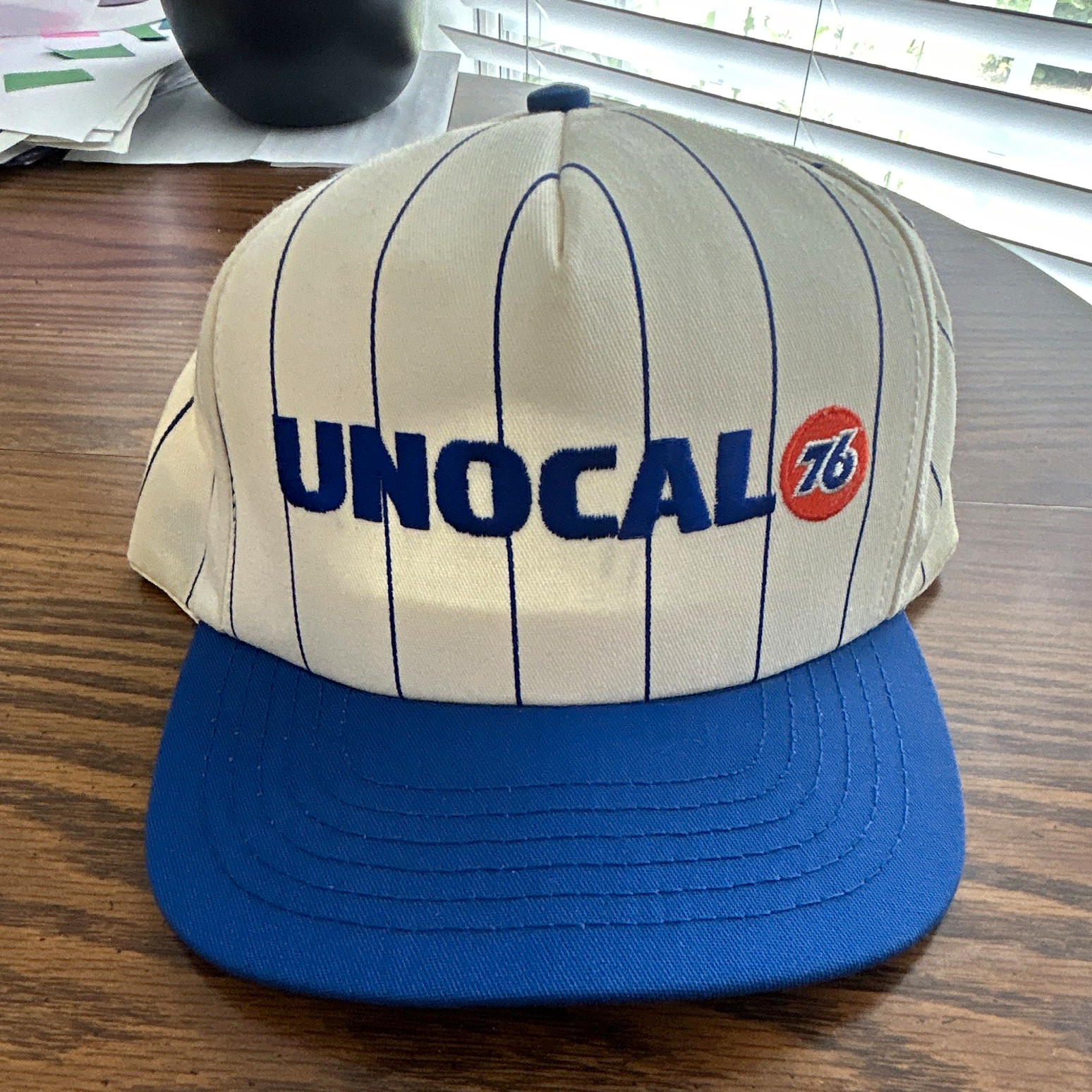 Unocal 76 Snapback Advertising Hat/Cap White Blue Pinstripe Gas & Oil Theme Unocal 76 Snapback Advertising Hat/Cap White Blue Pinstripe Gas & Oil Theme