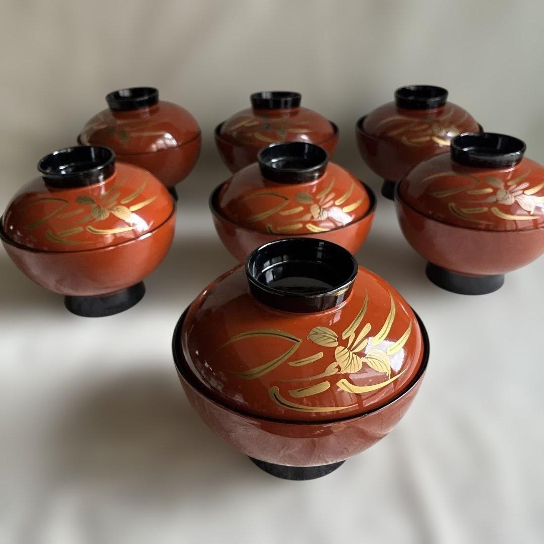 Japanese Yamanaka Red Gold Lidded Soup Bowl Set of 7