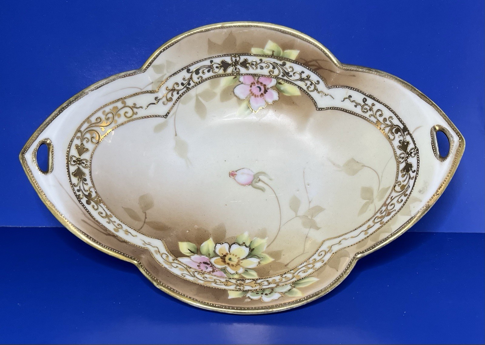 Vintage NIPPON Hand Painted Japanese Porcelain Handled 8”x 5 3/4 Bowl Nut Dish