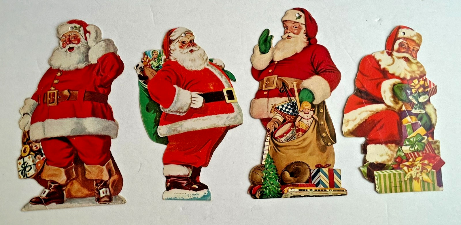 4 VTG Die-Cut Santa Claus Cardboard Bank Advertising Christmas Ornament Cards