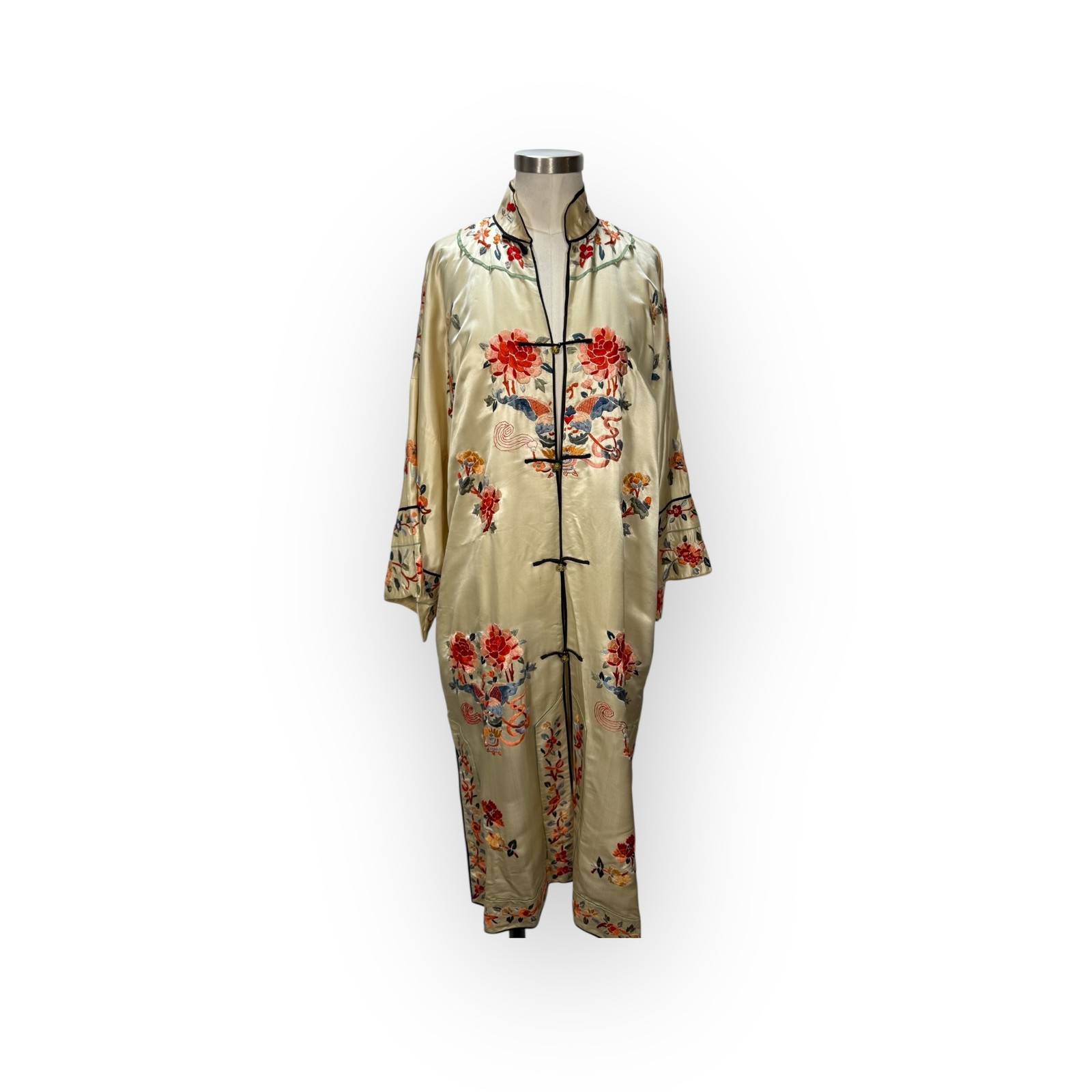 Antique 1920's Chinese Silk Embroidered Ornate Brass Buttons Butterfly Robe Coat