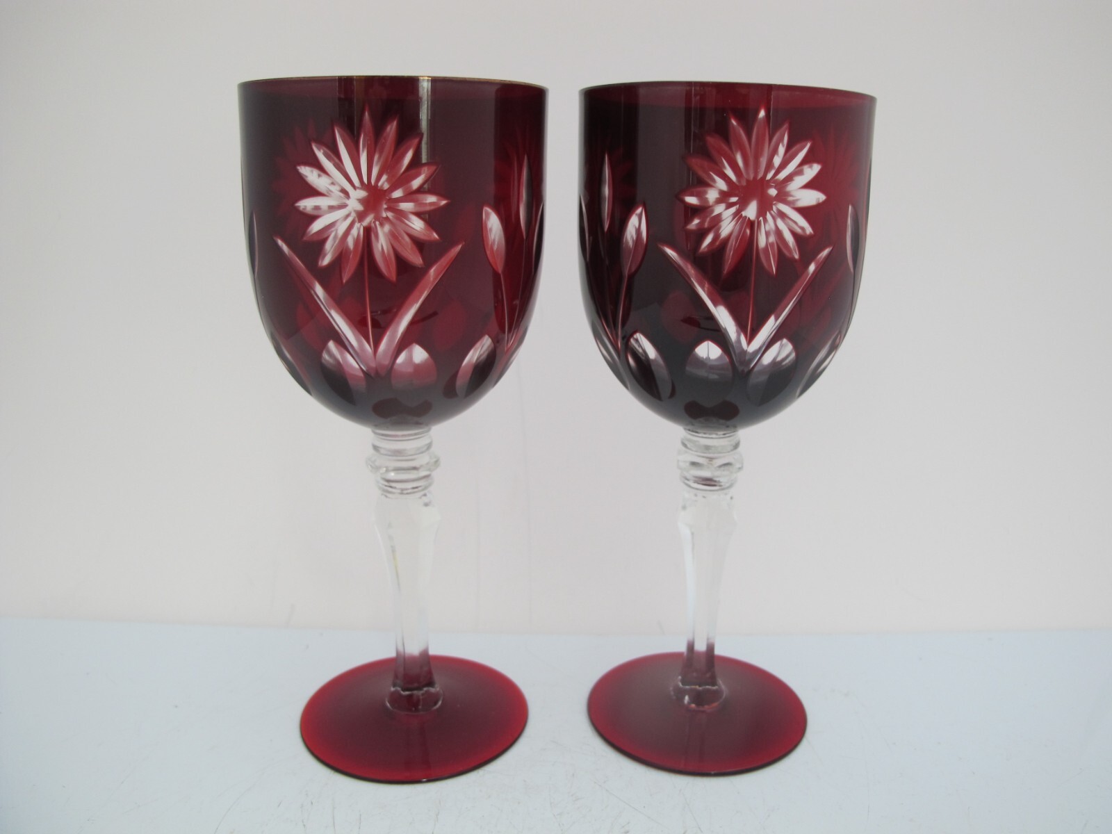 Vintage BOHEMIAN Ruby Red FLOWER Cut Crystal Glass 7 3/4\
