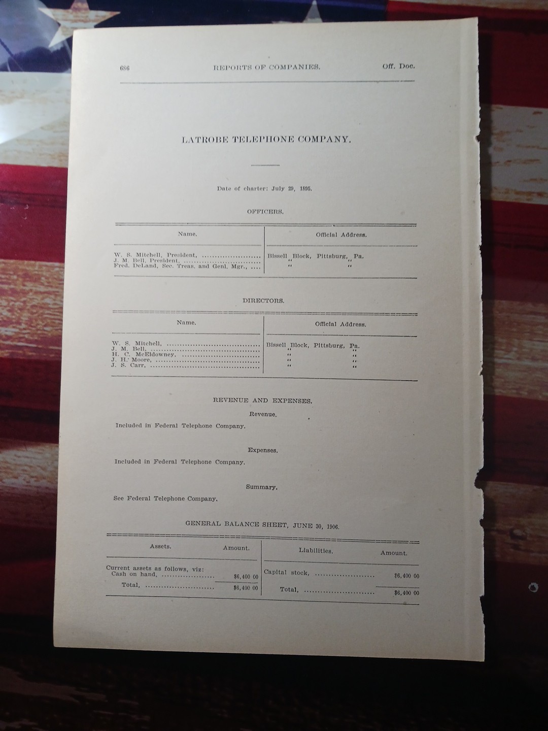 1906 rare Report of the LATROBE TELEPHONE COMPANY Pennsylvania  W.S. Mitchell 