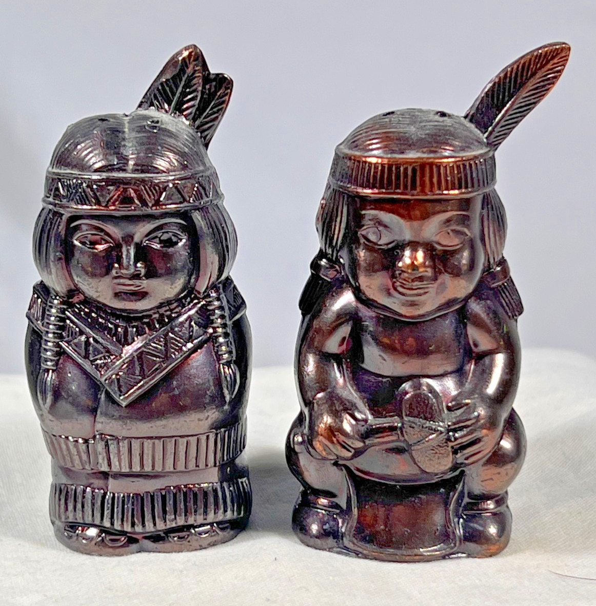 Vintage Figural Native American Couple Metal Salt and Pepper Shakers