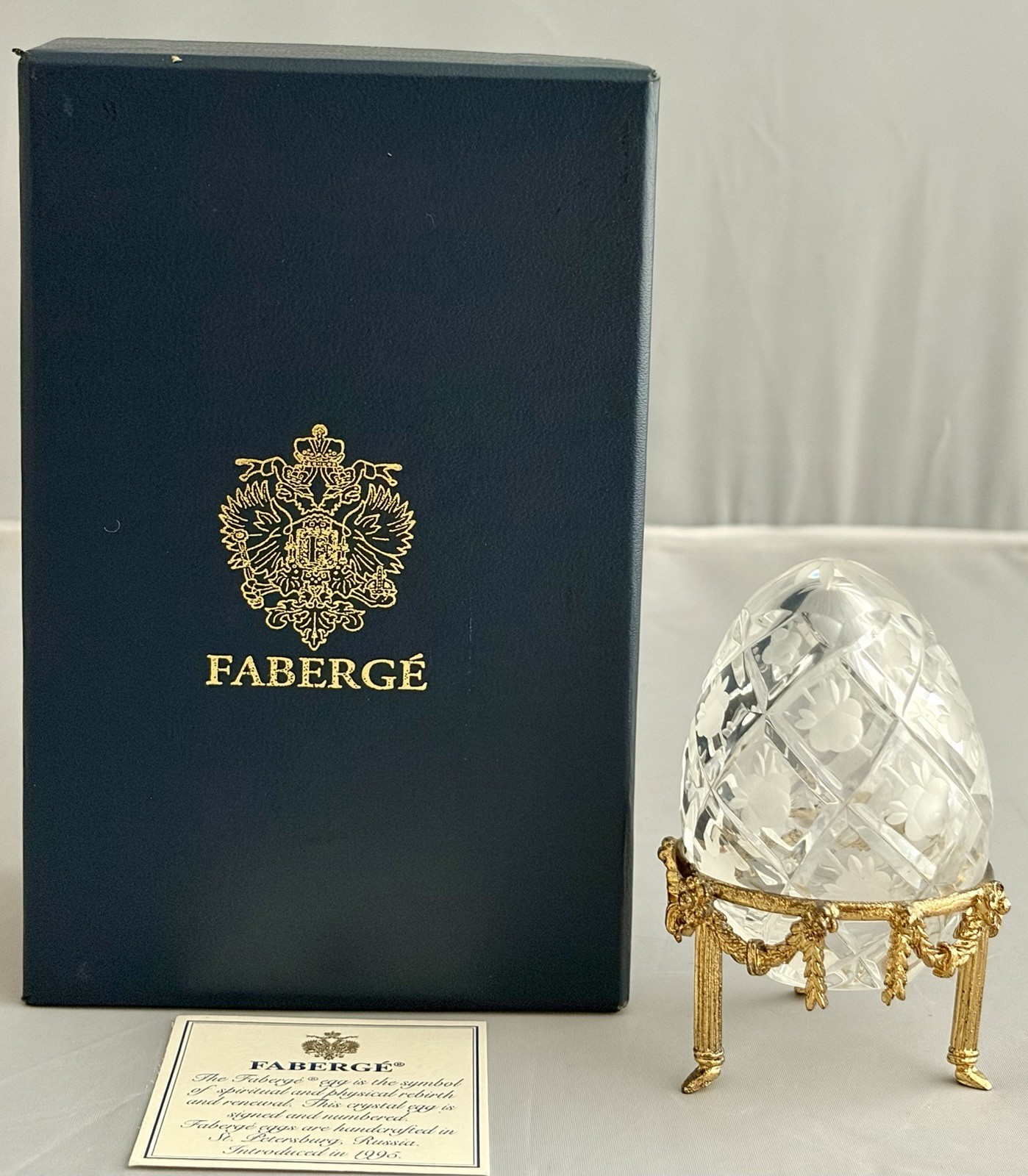 RARE FABERGE CLEAR ETCHED ROSE TRELLIS CRYSTAL EGG w STAND MARKED 925 #6728 MIB