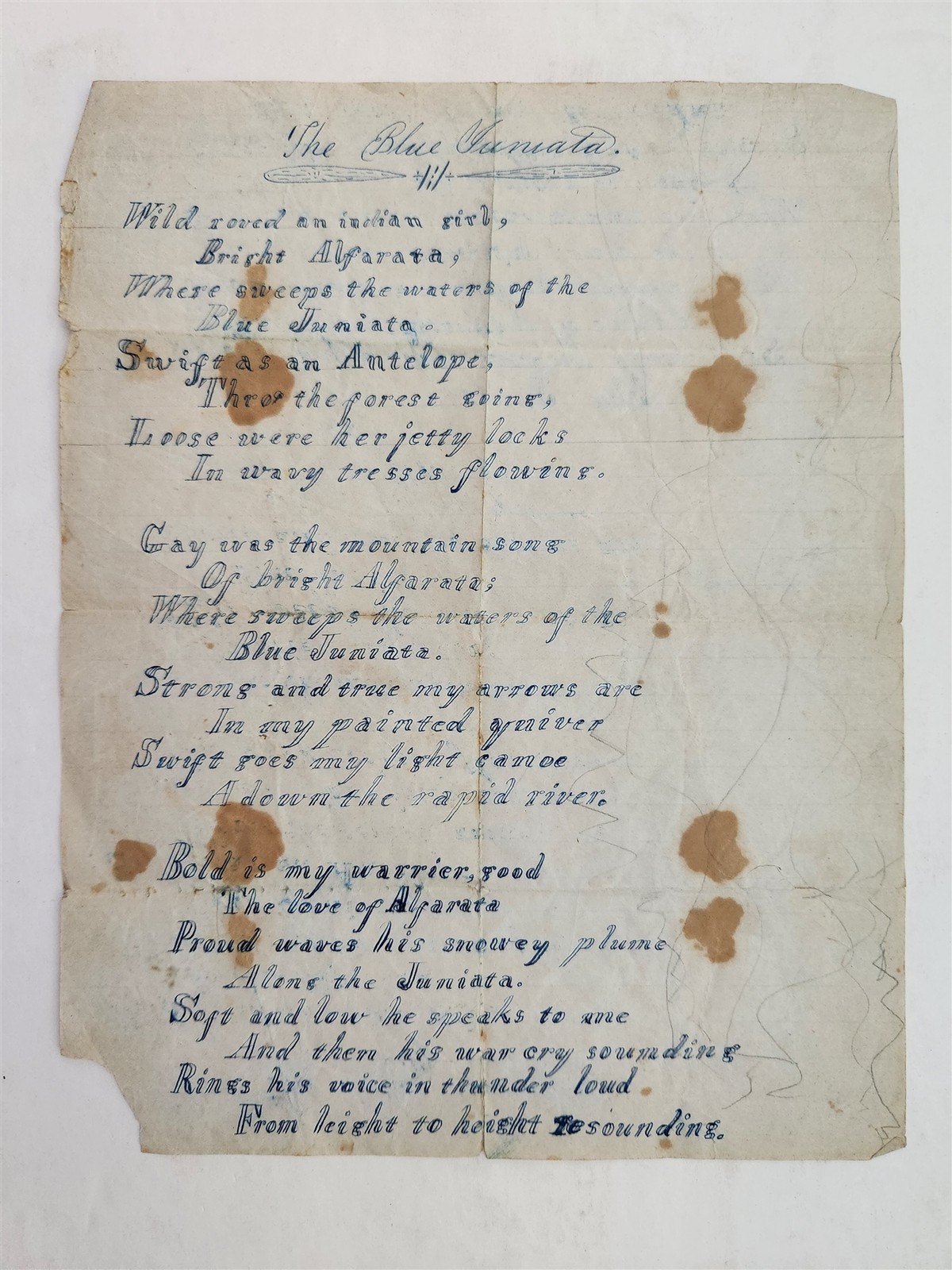 c1850 antique MANUSCRIPT POEM penmanship THE BLUE JUNIATA pa ALFARATA indian