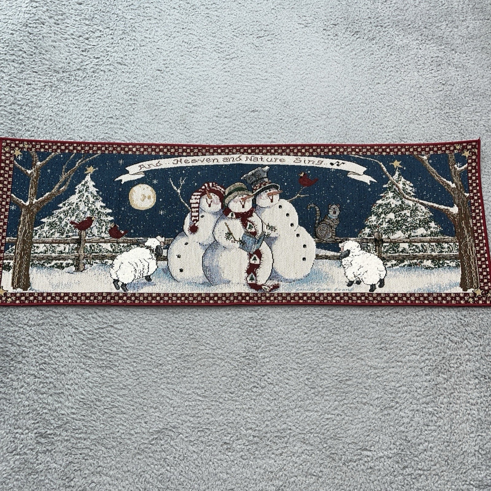 Christmas Table Runner Vtg Sandi Gore Evans Snowmen Heaven Nature Sing Holiday