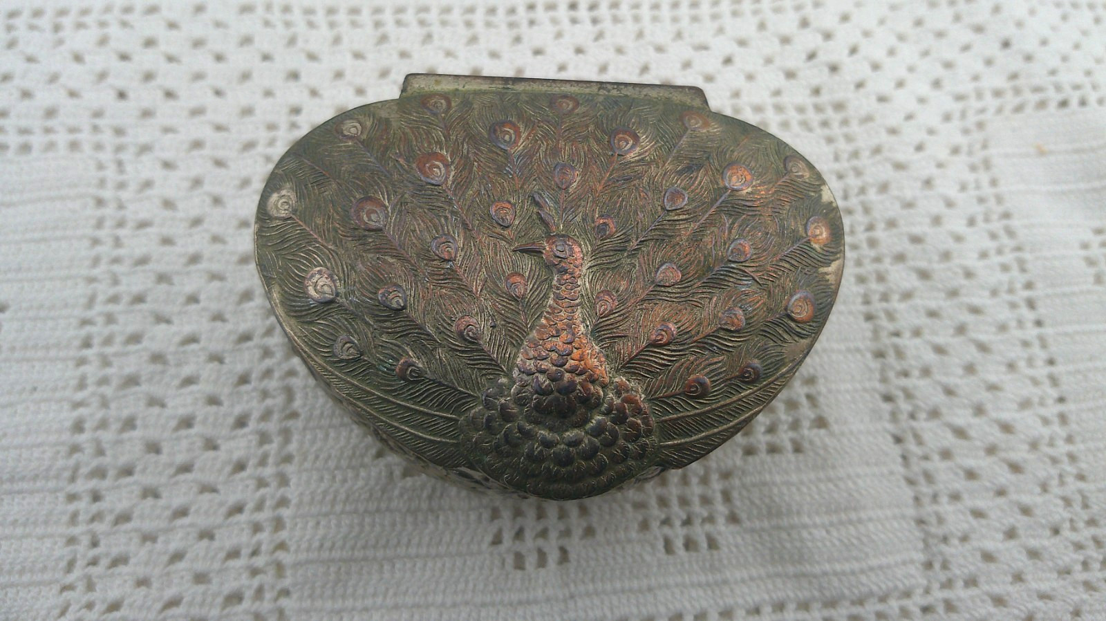 Rare Antique Occupied Japan Peacock Metal Trinket Box Pink Lined