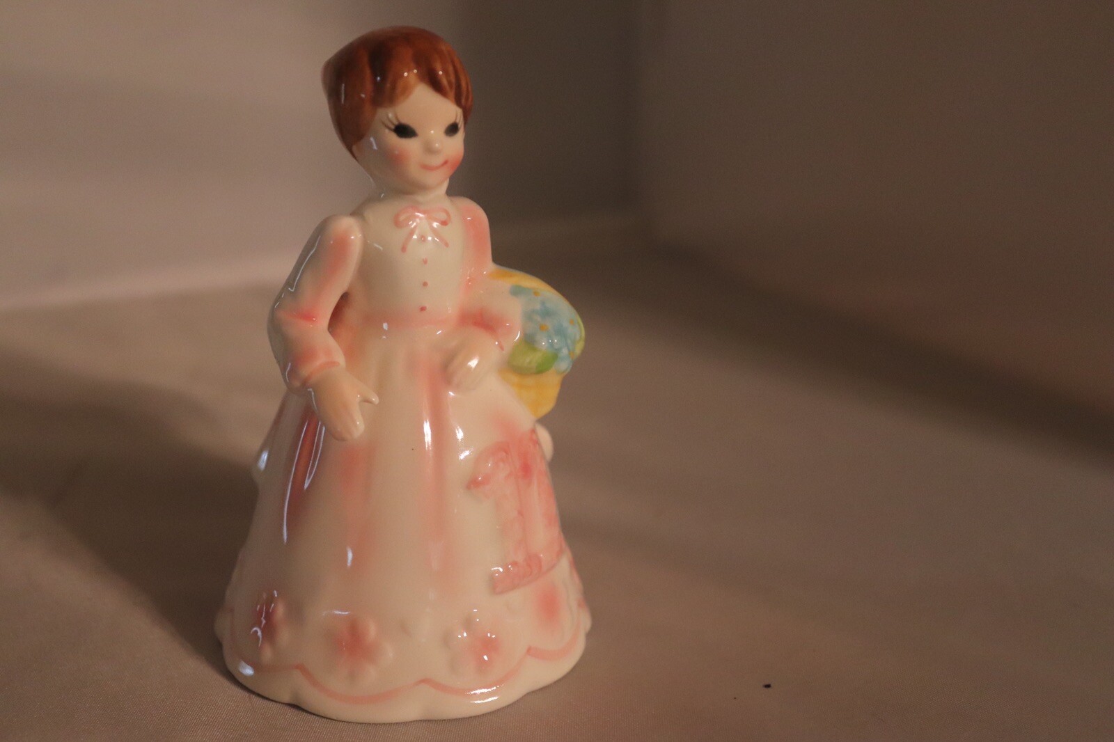 Vintage Porcelain Girl Pink Dress Holding Flowers Made in Japan
