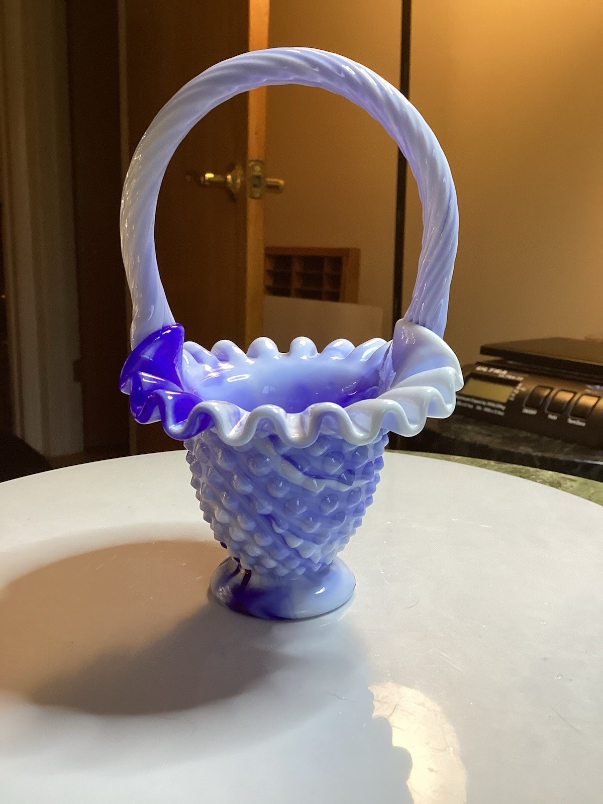Vtg Fenton Art Glass Hobnail Almost Heaven Blue Slag Mini Basket